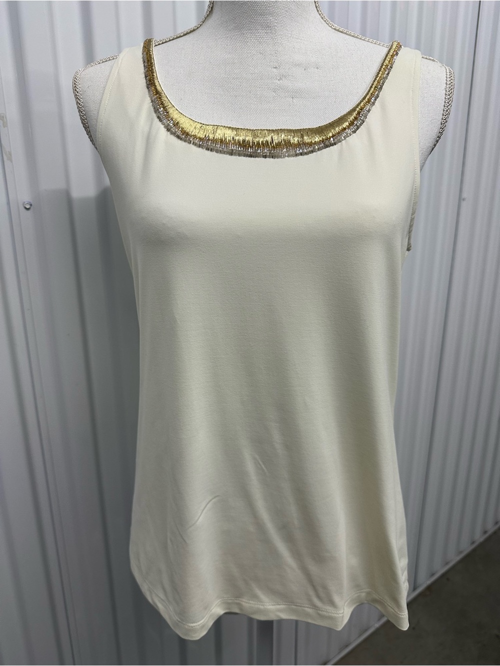 Chico's Microfiber Cream Tank with Gold Beaded Neckline